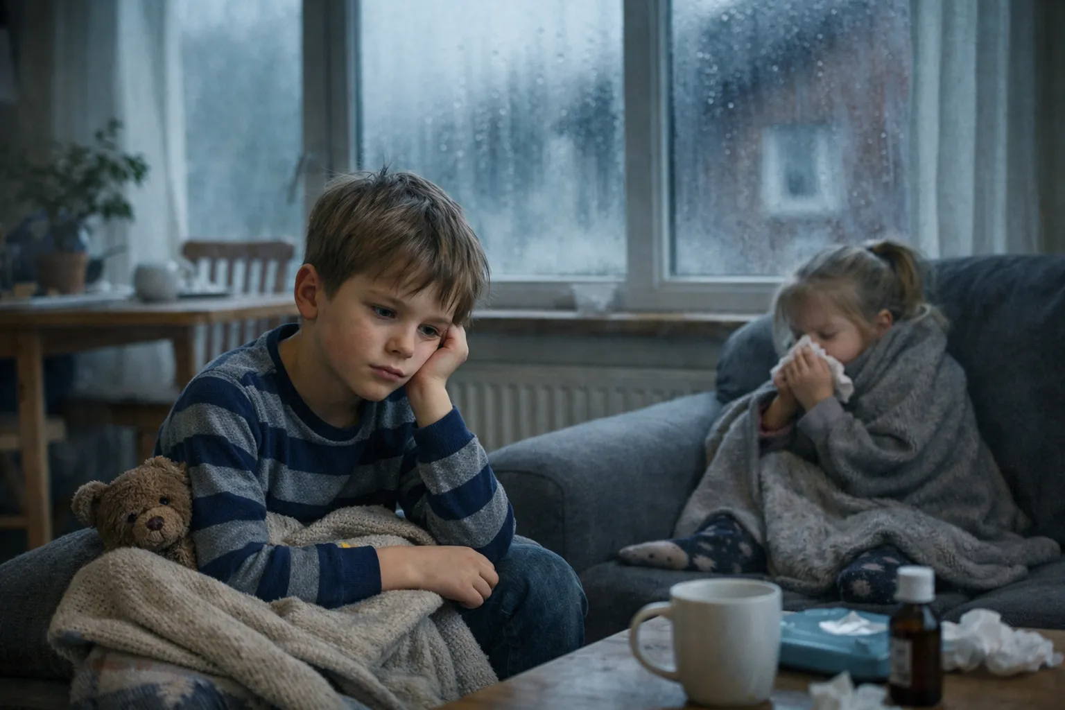 Børn der mistrives i stue med dug på vinduer - tegn på dårligt indeklima